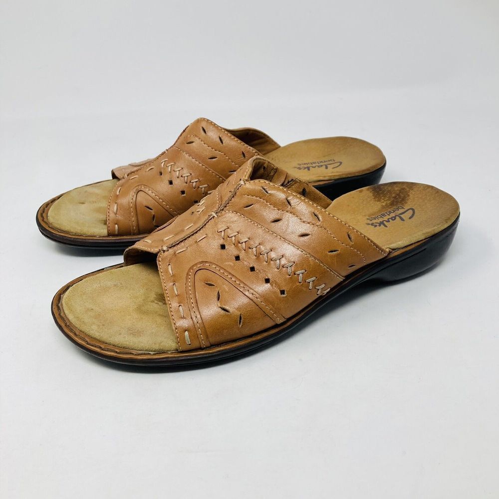 Clarks Bendables Women’s brown leather Slip On Sandals Shoes 9M Laser Cut